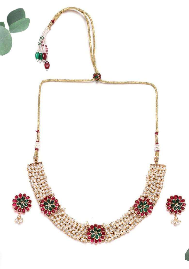 Gold-Plated Kundan-Studded & Beaded Jewellery Set with Pearl for Women | Traditional Temple Jewellery for Wedding & Festive Wear | Gift for Her - Indya