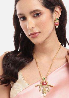 Gold-Plated Pearls Studded with Peacock Temple Pendant Chain and Earrings for Women | Traditional Temple Jewellery for Wedding & Festive Wear | Gift for Her