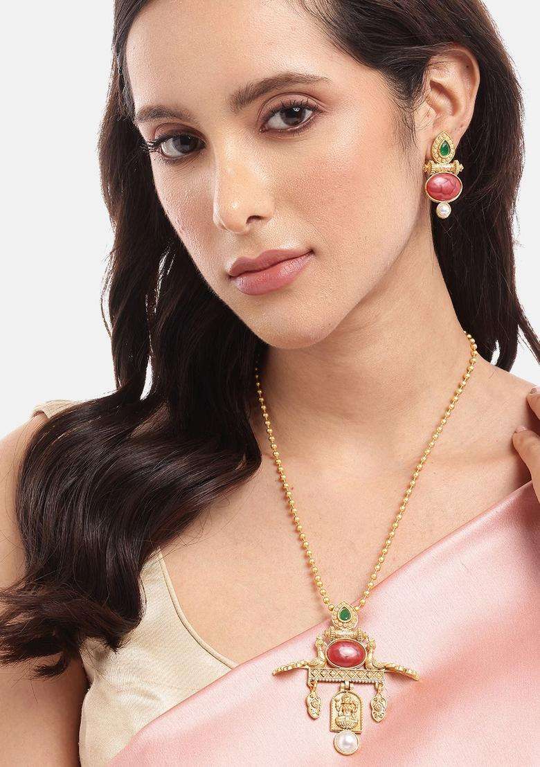 Gold-Plated Pearls Studded with Peacock Temple Pendant Chain and Earrings for Women | Traditional Temple Jewellery for Wedding & Festive Wear | Gift for Her - Indya