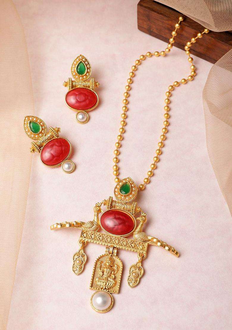 Gold-Plated Pearls Studded with Peacock Temple Pendant Chain and Earrings for Women | Traditional Temple Jewellery for Wedding & Festive Wear | Gift for Her - Indya