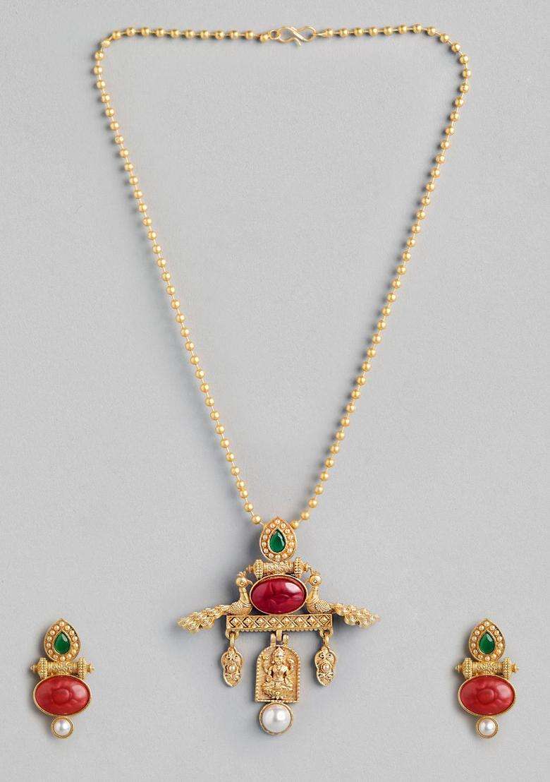 Gold-Plated Pearls Studded with Peacock Temple Pendant Chain and Earrings for Women | Traditional Temple Jewellery for Wedding & Festive Wear | Gift for Her - Indya
