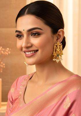 Gold-Plated Artificial Stones Studded & Beaded Temple Contemporary Earrings for Women | Traditional Temple Jewellery for Wedding & Festive Wear | Gift for Her