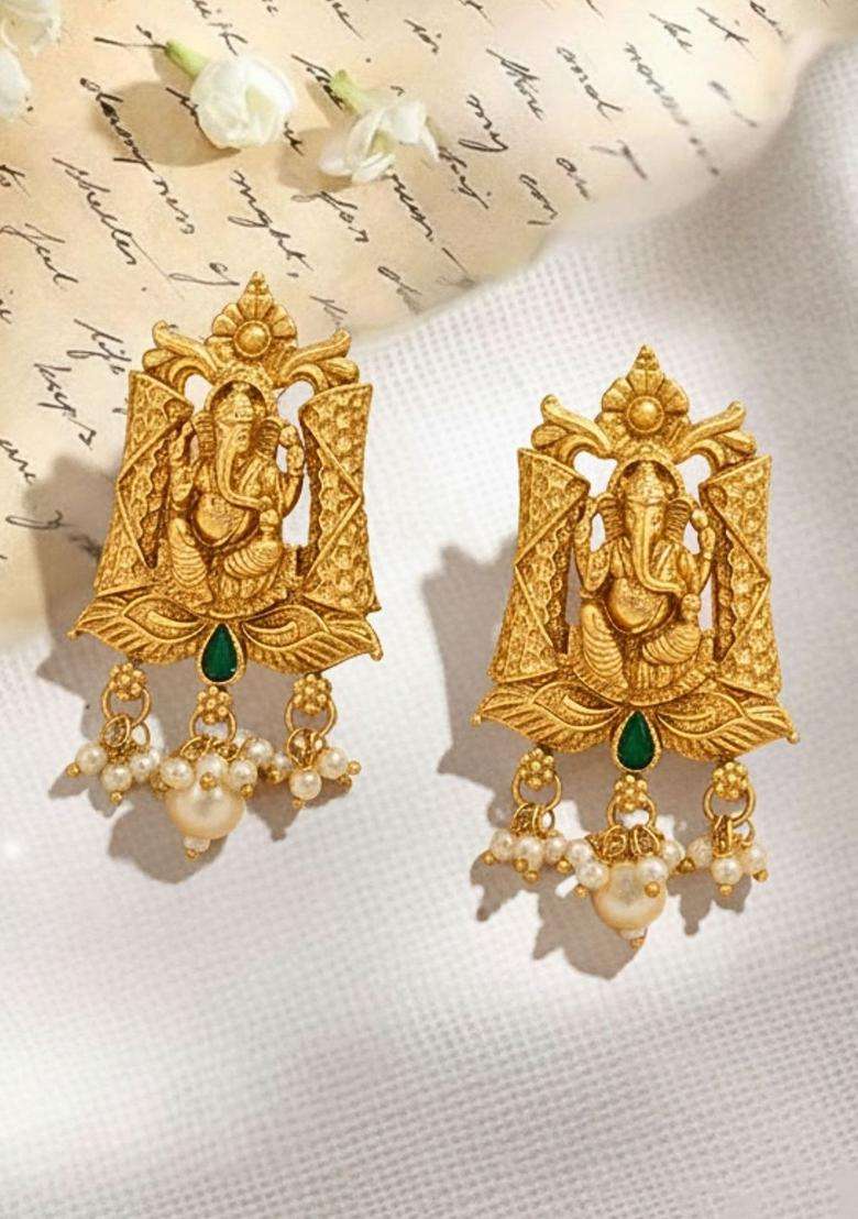 Gold-Plated Artificial Stones Studded & Beaded Temple Contemporary Earrings for Women | Traditional Temple Jewellery for Wedding & Festive Wear | Gift for Her - Indya
