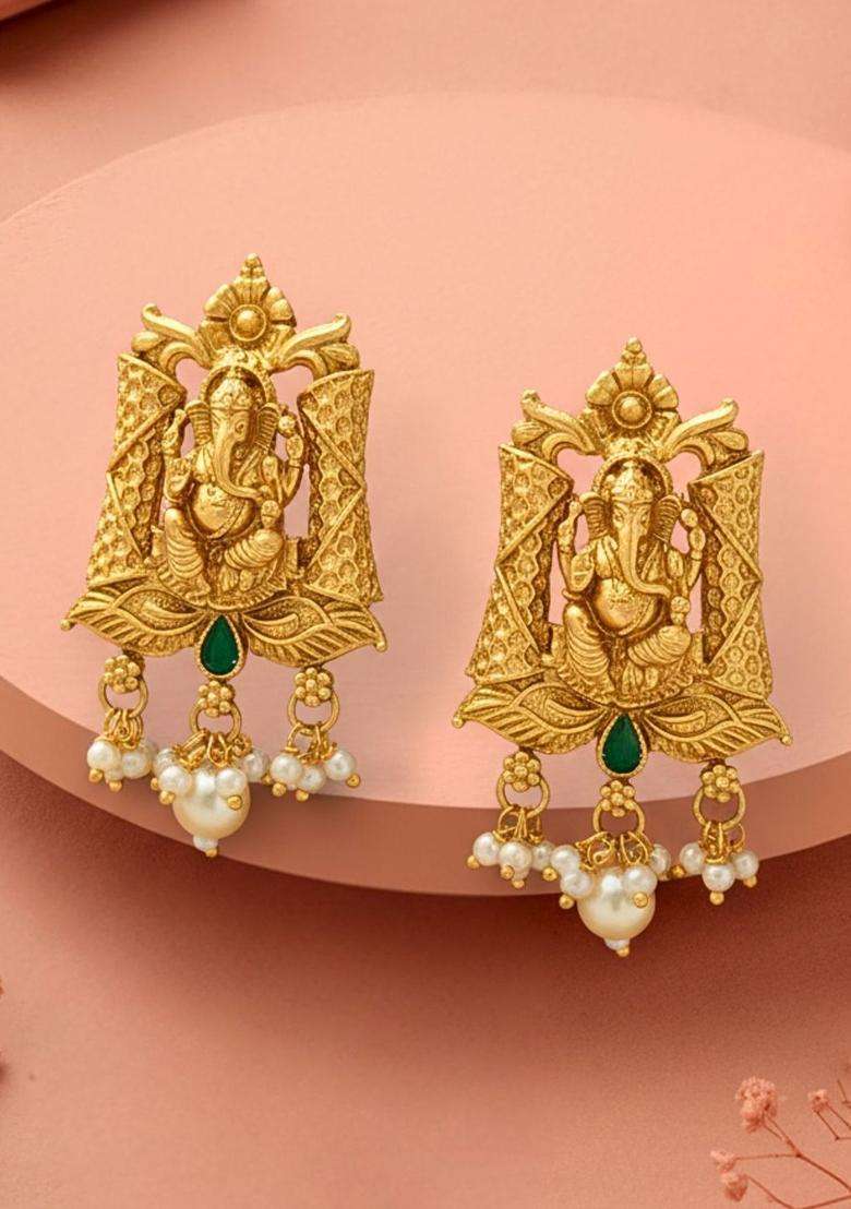 Gold-Plated Artificial Stones Studded & Beaded Temple Contemporary Earrings for Women | Traditional Temple Jewellery for Wedding & Festive Wear | Gift for Her - Indya