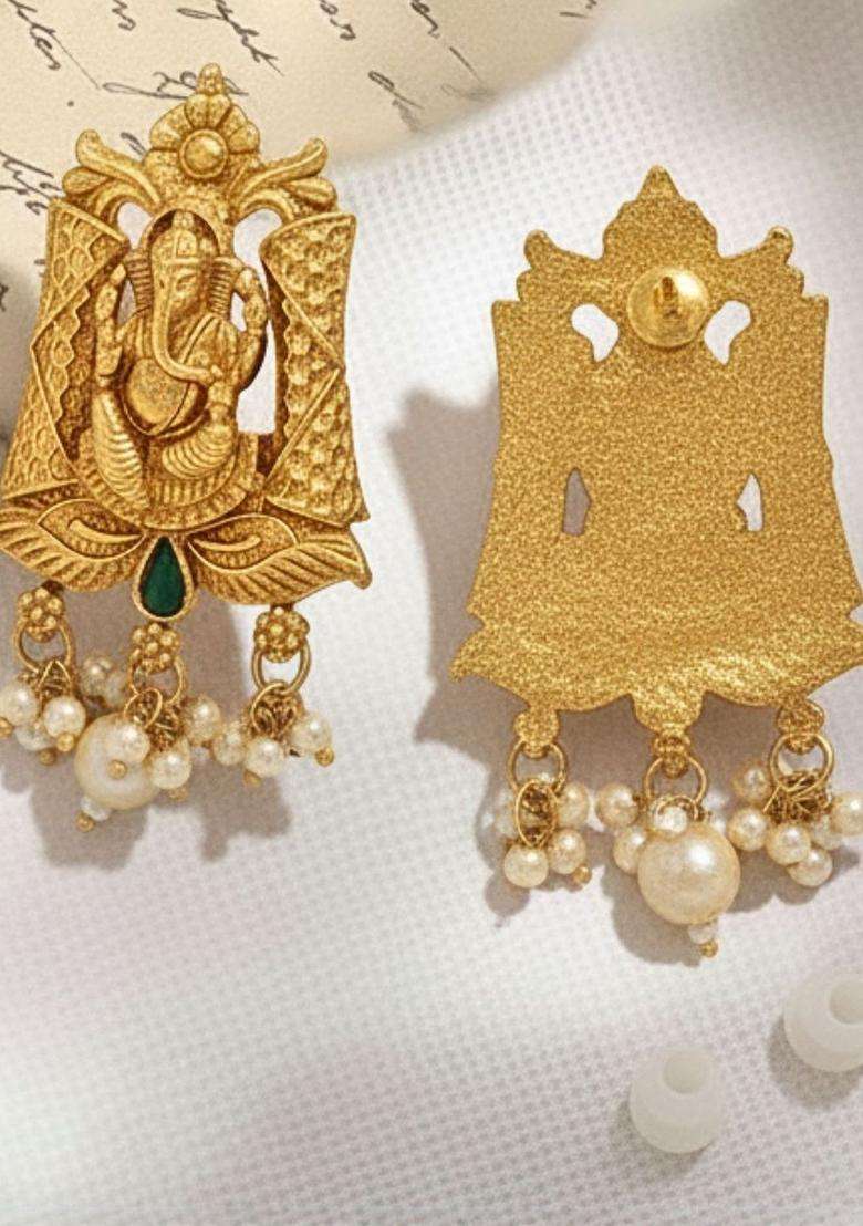 Gold-Plated Artificial Stones Studded & Beaded Temple Contemporary Earrings for Women | Traditional Temple Jewellery for Wedding & Festive Wear | Gift for Her - Indya