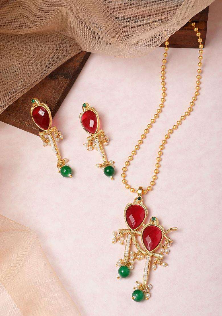 Gold-Plated Faux Ruby Pearls Studded Pendant Earrings and Chain for Women | Traditional Temple Jewellery for Wedding & Festive Wear | Gift for Her - Indya