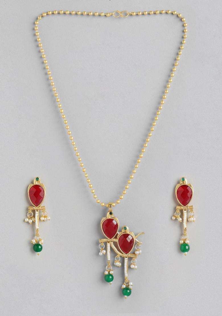 Gold-Plated Faux Ruby Pearls Studded Pendant Earrings and Chain for Women | Traditional Temple Jewellery for Wedding & Festive Wear | Gift for Her - Indya