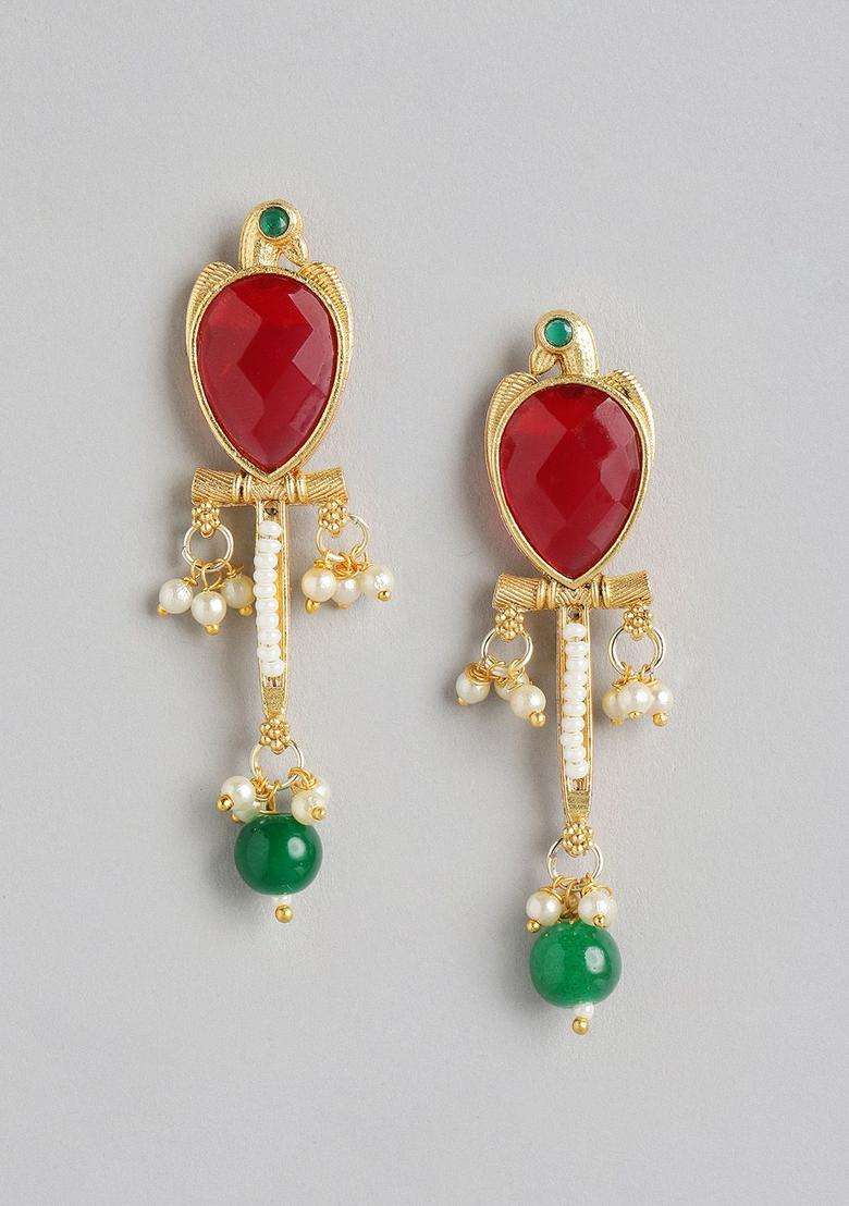 Gold-Plated Faux Ruby Pearls Studded Pendant Earrings and Chain for Women | Traditional Temple Jewellery for Wedding & Festive Wear | Gift for Her - Indya