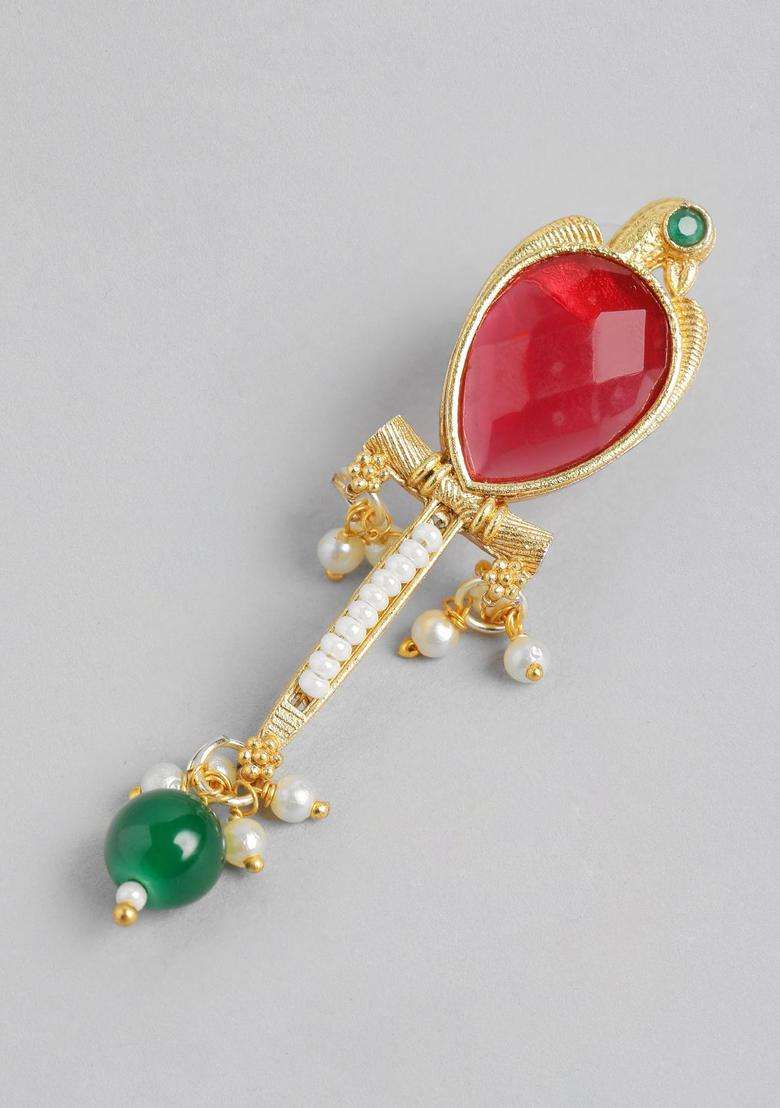 Gold-Plated Faux Ruby Pearls Studded Pendant Earrings and Chain for Women | Traditional Temple Jewellery for Wedding & Festive Wear | Gift for Her - Indya