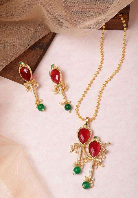 Gold-Plated Faux Ruby Pearls Studded Pendant Earrings and Chain for Women | Traditional Temple Jewellery for Wedding & Festive Wear | Gift for Her