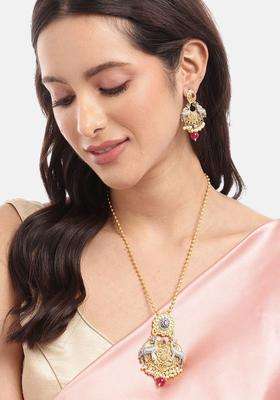 Silver & Gold-Plated Pearl Studded Temple Pendant Chain and Earrings for Women | Traditional Temple Jewellery for Wedding & Festive Wear | Gift for Her