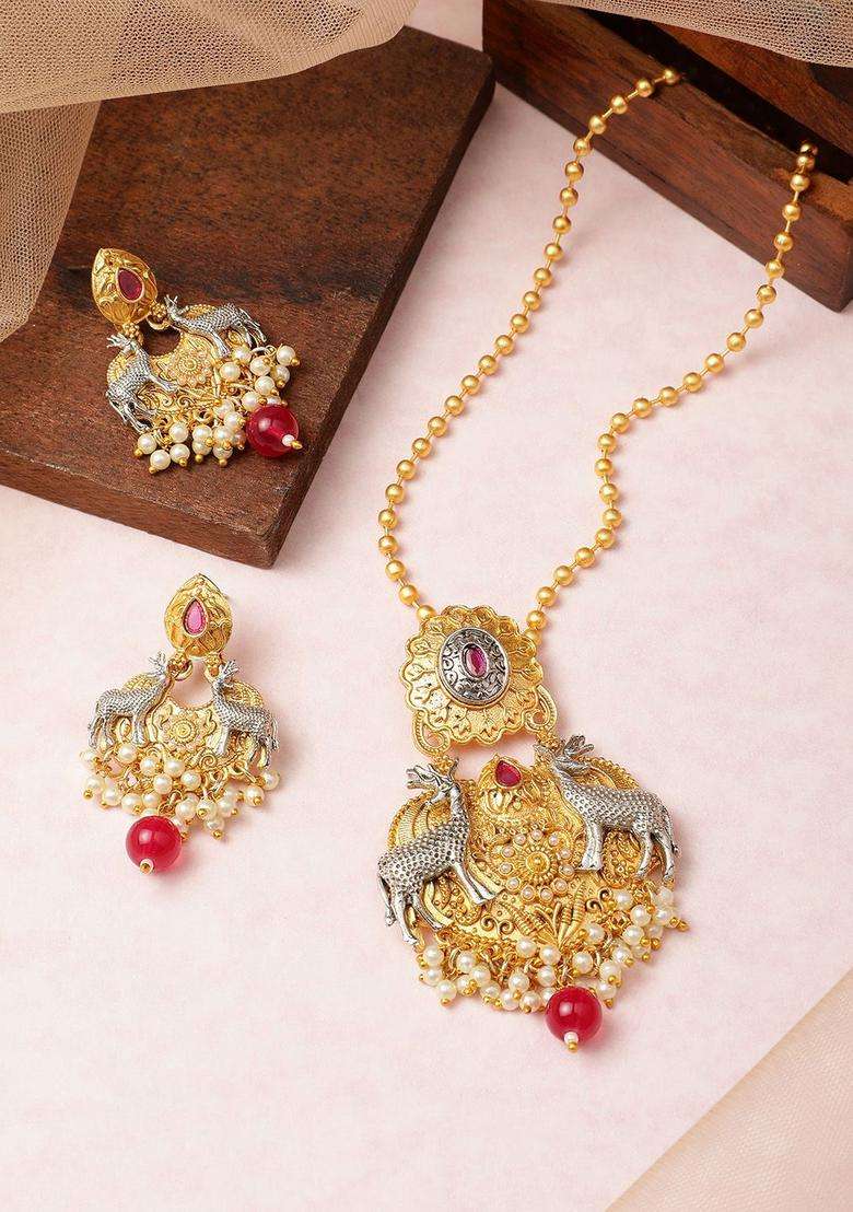 Silver & Gold-Plated Pearl Studded Temple Pendant Chain and Earrings for Women | Traditional Temple Jewellery for Wedding & Festive Wear | Gift for Her - Indya