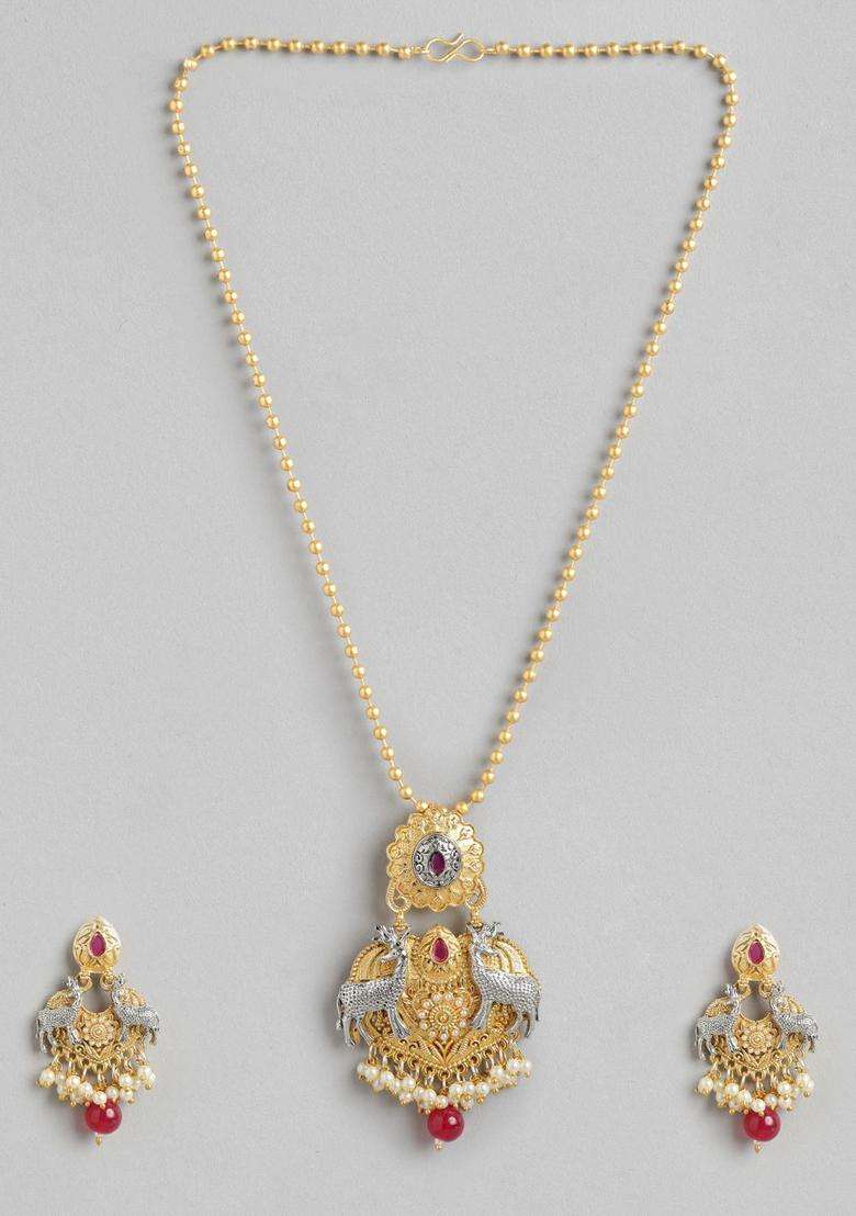Silver & Gold-Plated Pearl Studded Temple Pendant Chain and Earrings for Women | Traditional Temple Jewellery for Wedding & Festive Wear | Gift for Her - Indya