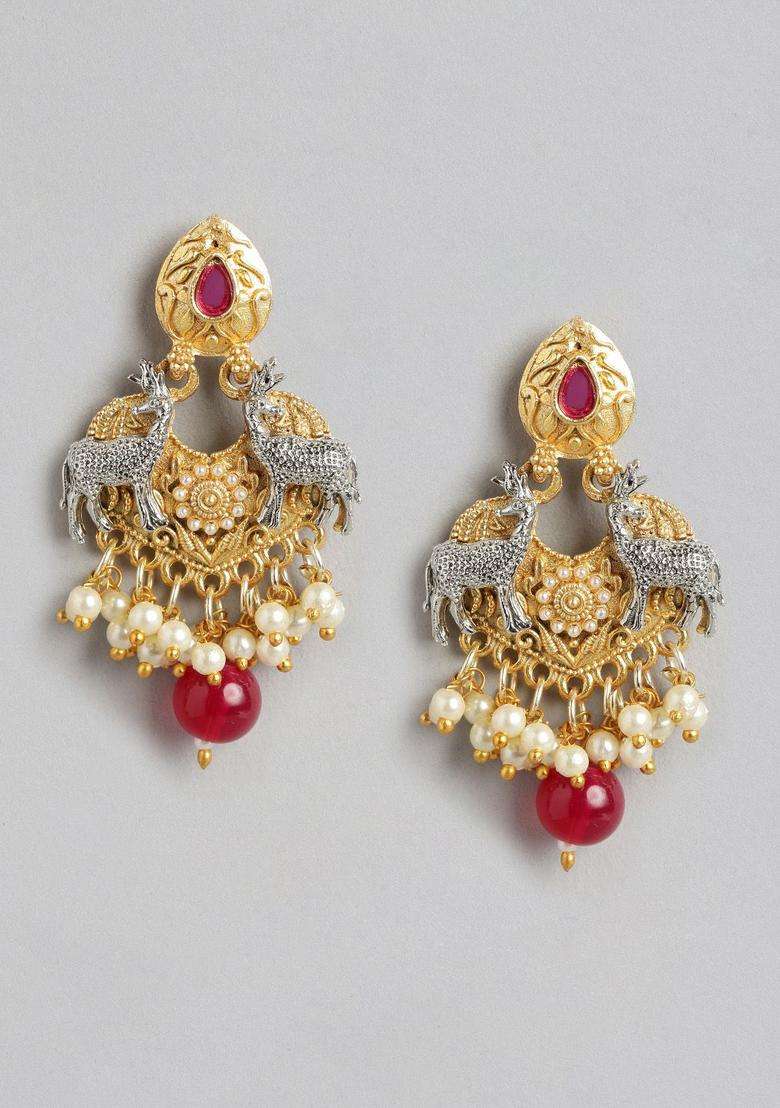 Silver & Gold-Plated Pearl Studded Temple Pendant Chain and Earrings for Women | Traditional Temple Jewellery for Wedding & Festive Wear | Gift for Her - Indya