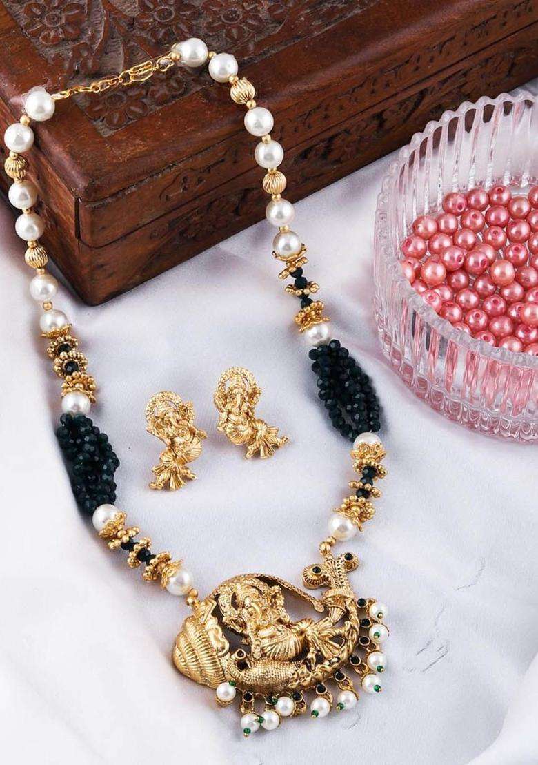 Gold-Plated Stone Studded & Beaded Necklace Set for Women | Traditional Temple Jewellery for Wedding & Festive Wear | Gift for Her - Indya