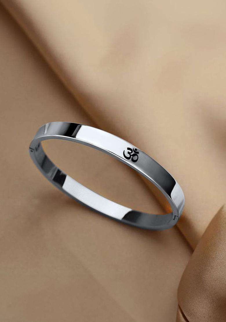 Temple Silver-Plated Anti Tarnish Om Kada Bracelet for Men | Stylish Party & Everyday Wear | Gift for Him - Indya
