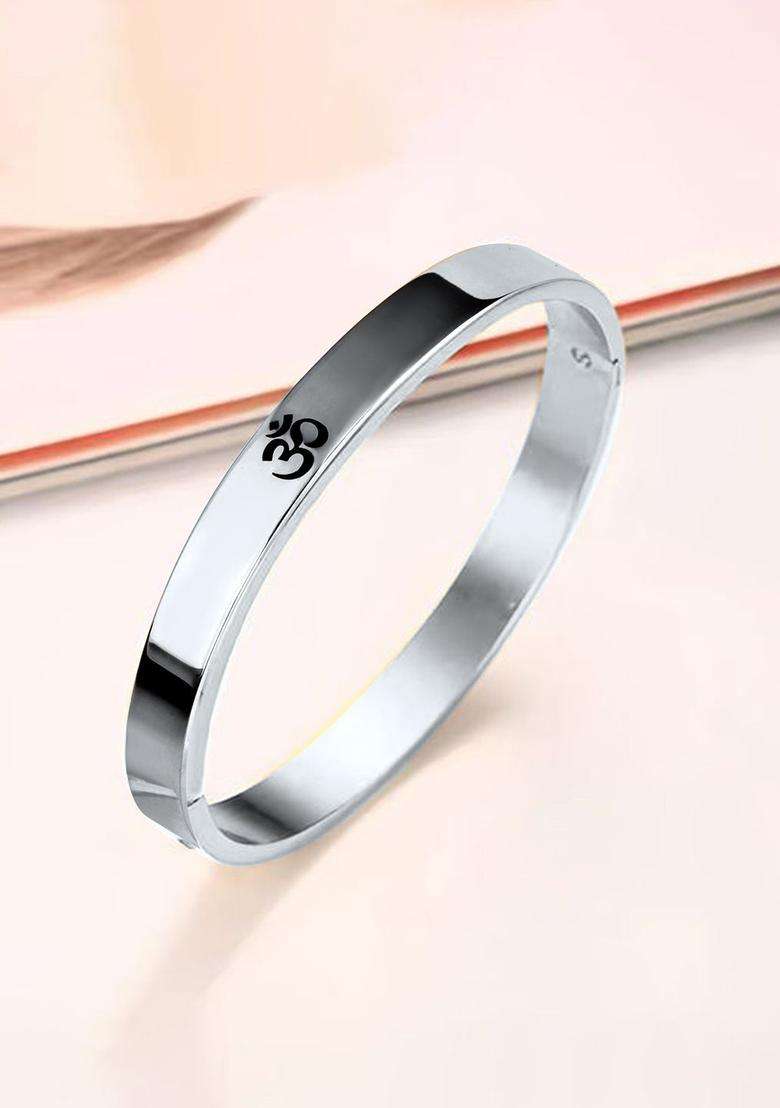 Temple Silver-Plated Anti Tarnish Om Kada Bracelet for Men | Stylish Party & Everyday Wear | Gift for Him - Indya