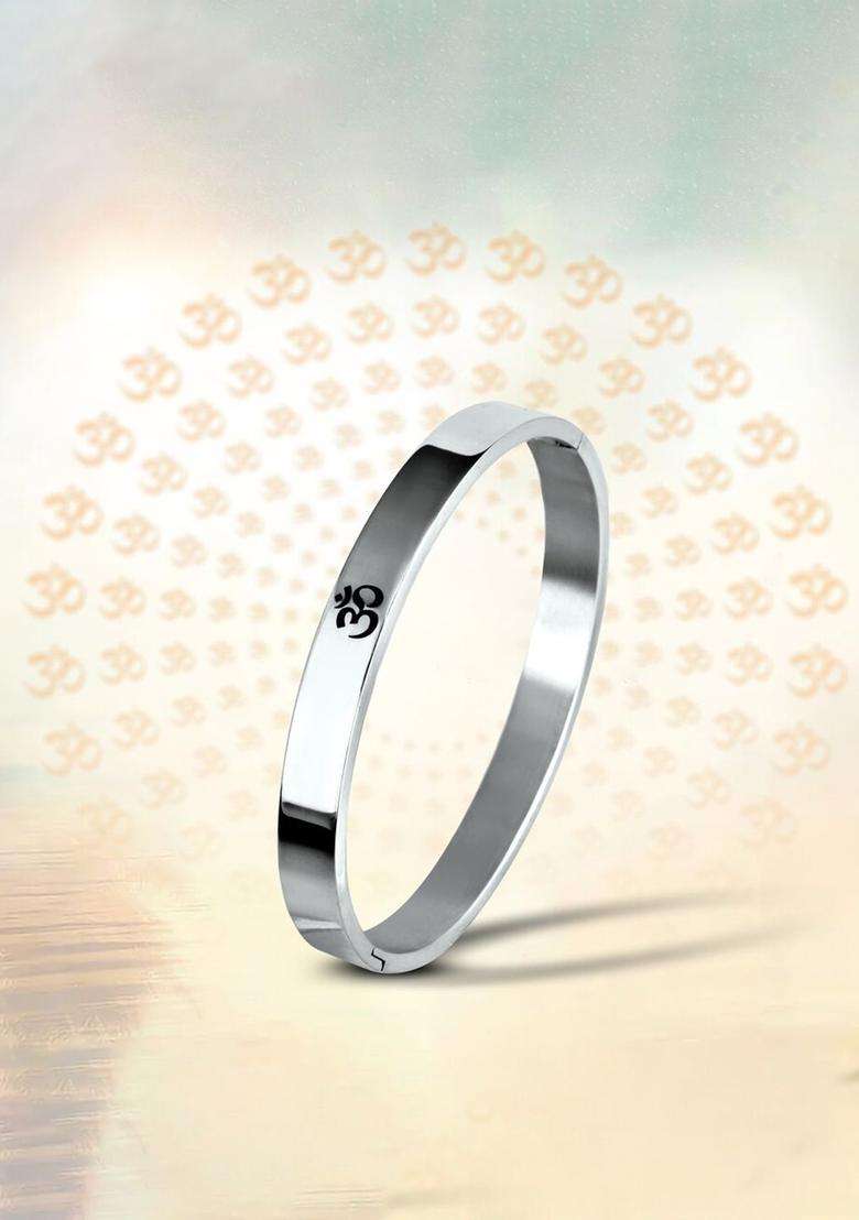 Temple Silver-Plated Anti Tarnish Om Kada Bracelet for Men | Stylish Party & Everyday Wear | Gift for Him - Indya