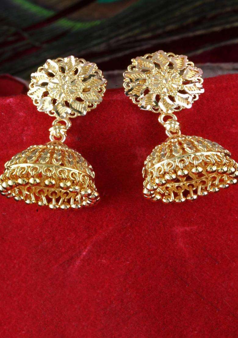 Gold-Plated Dome Shaped Jhumkas Earrings for Women | Traditional Temple Jewellery for Wedding & Festive Wear | Gift for Her - Indya
