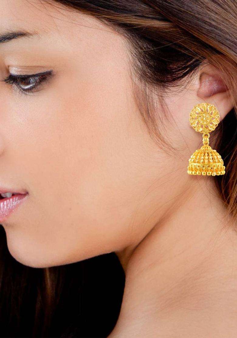 Gold-Plated Dome Shaped Jhumkas Earrings for Women | Traditional Temple Jewellery for Wedding & Festive Wear | Gift for Her - Indya