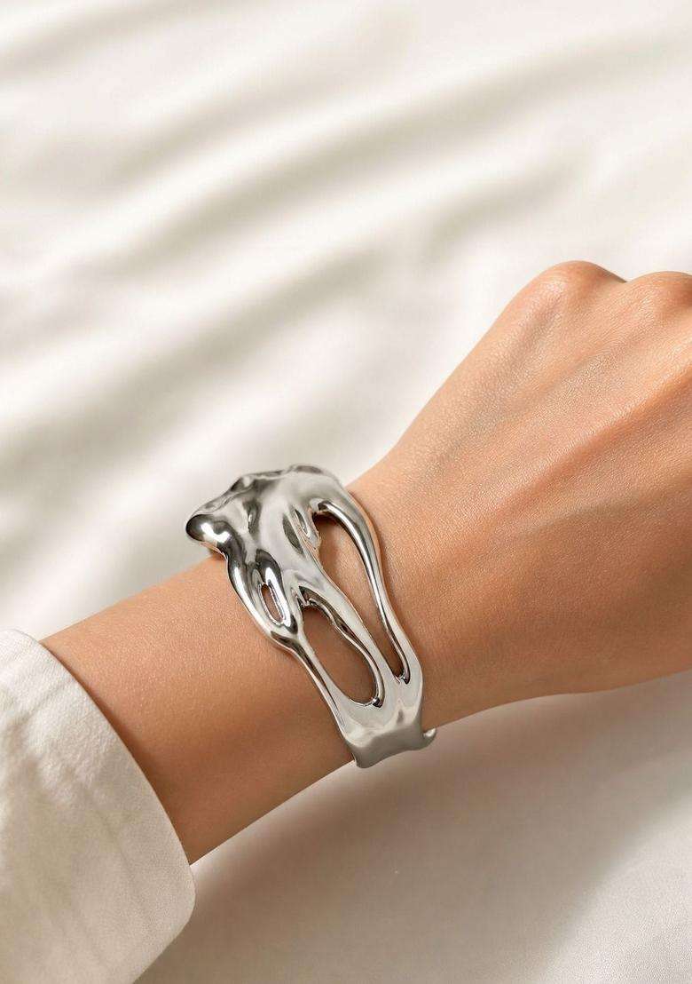 Stainless Steel Silver-Plated Cuff Bracelet for Women | Stylish Party & Everyday Wear | Gift for Her - Indya