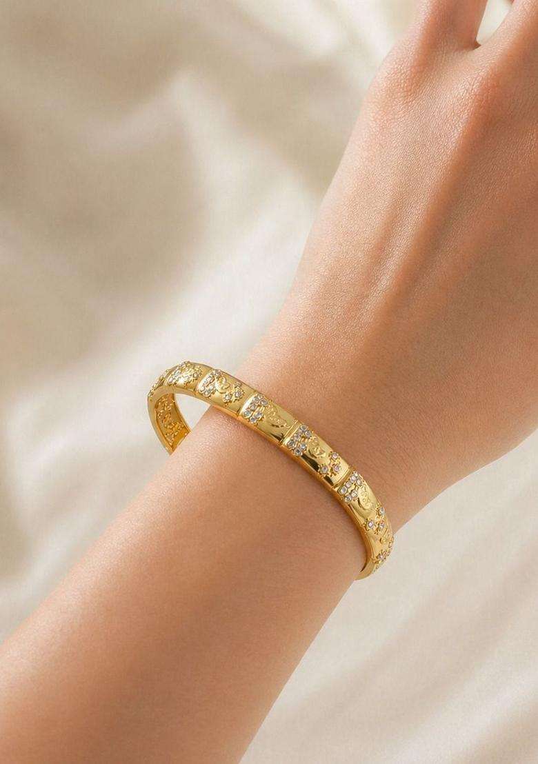 Stainless Steel Gold-Plated American Diamond Studded Cuff Bracelet for Women | Stylish Party & Everyday Wear | Gift for Her - Indya