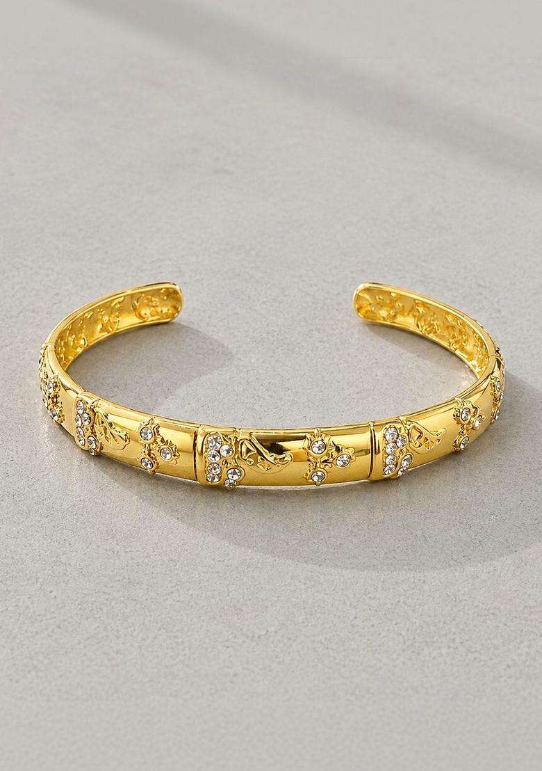Stainless Steel Gold-Plated American Diamond Studded Cuff Bracelet for Women | Stylish Party & Everyday Wear | Gift for Her - Indya