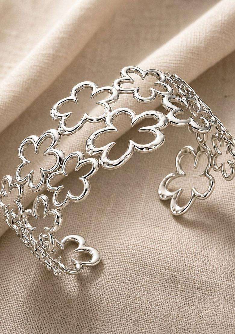 Temple Silver-Plated Cuff Bracelet for Women | Stylish Party & Everyday Wear | Gift for Her - Indya