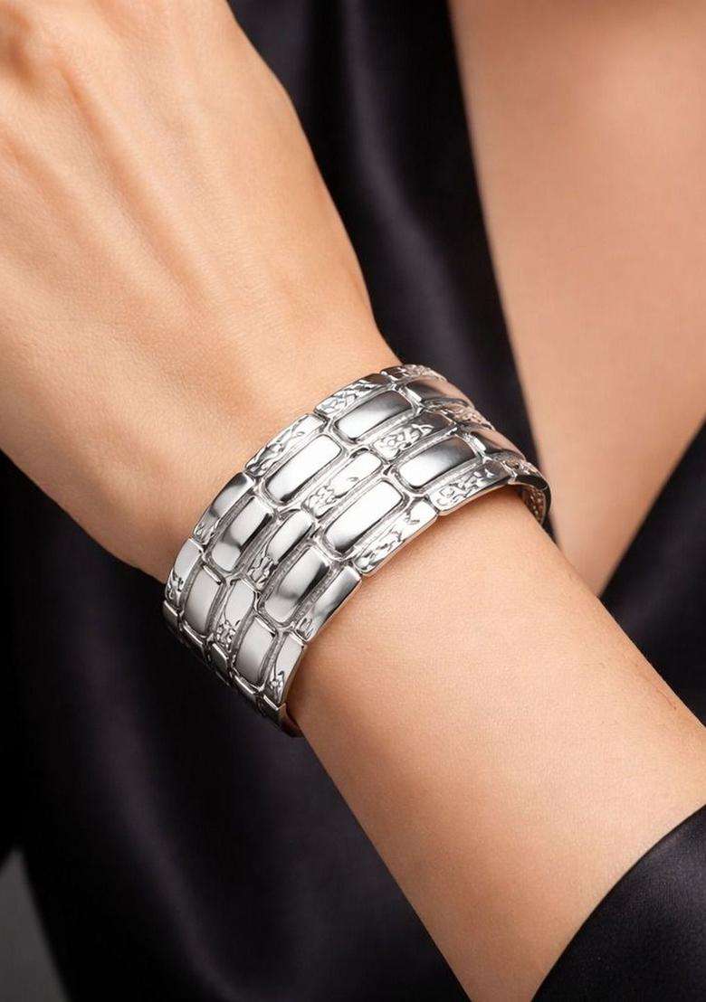 Temple Silver-Plated Cuff Bracelet for Women | Stylish Party & Everyday Wear | Gift for Her - Indya