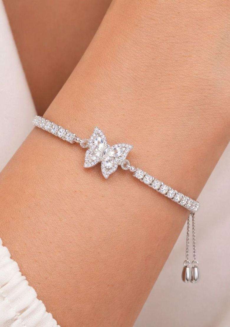 American Diamond Temple Silver-Plated Link Bracelet for Women | Stylish Party & Everyday Wear | Gift for Her - Indya