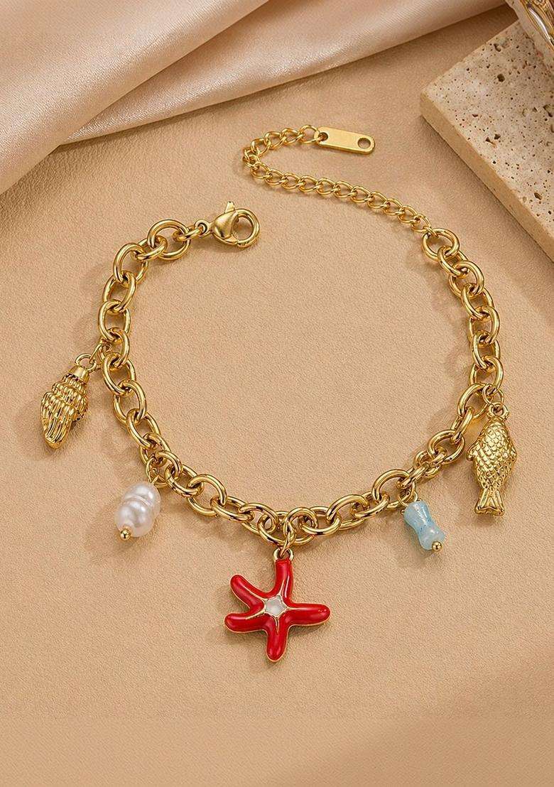 Stainless Steel Gold-Plated Anti Tarnish Charm Bracelet with American Diamond for Women | Stylish Party & Everyday Wear | Gift for Her - Indya