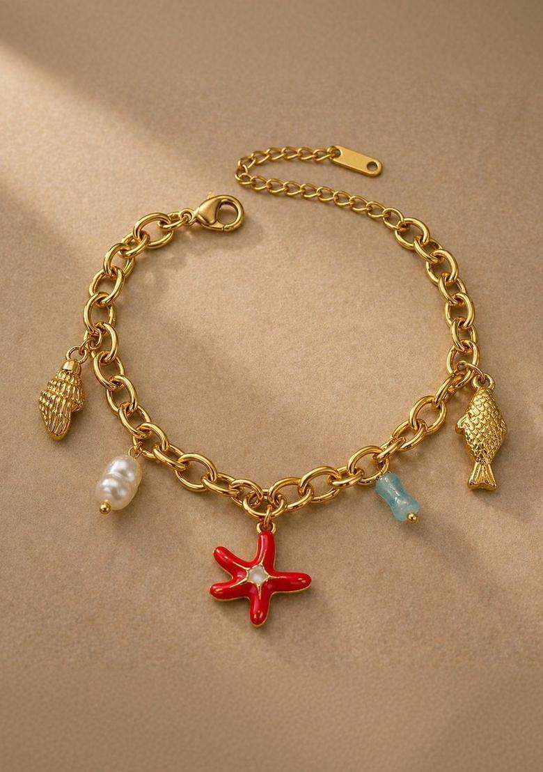 Stainless Steel Gold-Plated Anti Tarnish Charm Bracelet with American Diamond for Women | Stylish Party & Everyday Wear | Gift for Her - Indya