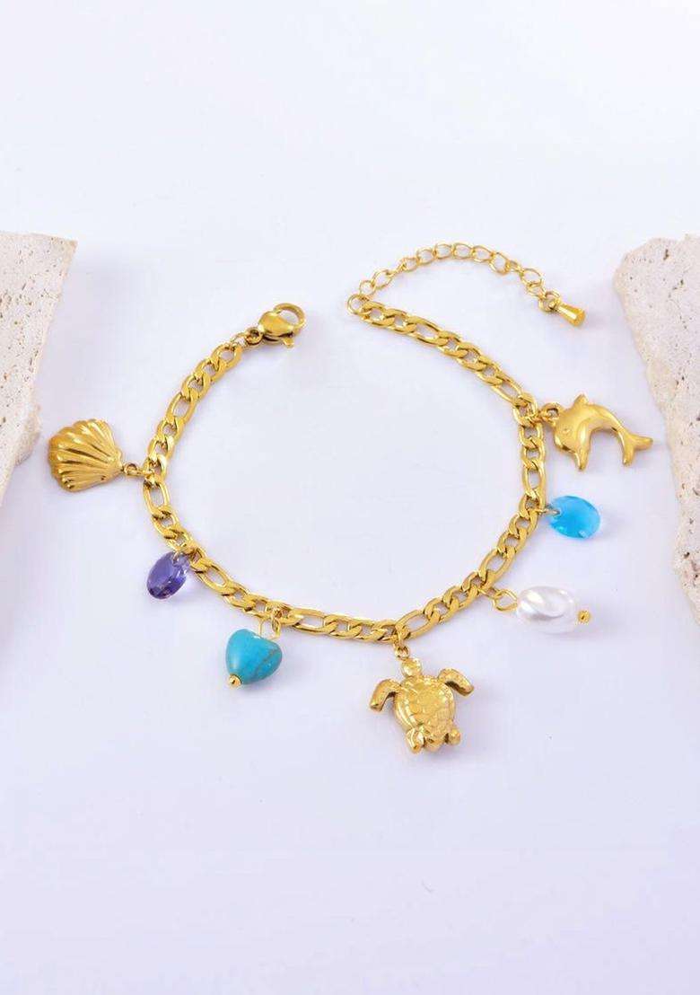 Stainless Steel Gold-Plated Artificial Beaded Charm Bracelet for Women | Stylish Party & Everyday Wear | Gift for Her - Indya