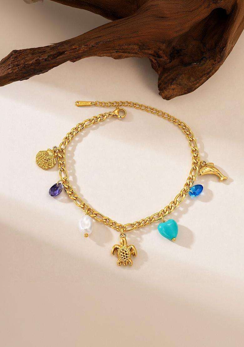 Stainless Steel Gold-Plated Artificial Beaded Charm Bracelet for Women | Stylish Party & Everyday Wear | Gift for Her - Indya