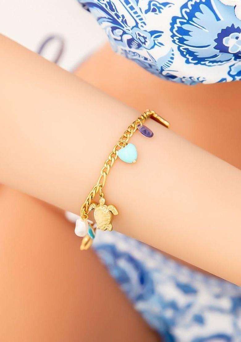 Stainless Steel Gold-Plated Artificial Beaded Charm Bracelet for Women | Stylish Party & Everyday Wear | Gift for Her - Indya