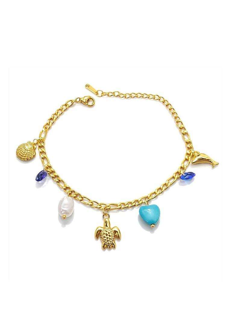 Stainless Steel Gold-Plated Artificial Beaded Charm Bracelet for Women | Stylish Party & Everyday Wear | Gift for Her - Indya