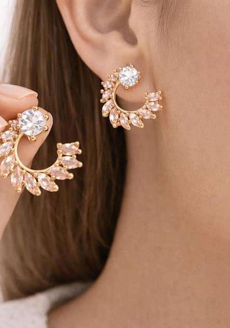 Gold-Plated Contemporary Half Hoop Earrings with American Diamond for Women | Stylish Party & Everyday Wear | Gift for Her - Indya
