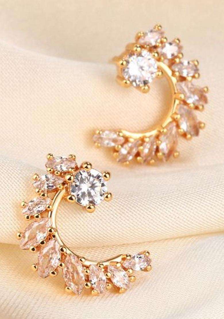 Gold-Plated Contemporary Half Hoop Earrings with American Diamond for Women | Stylish Party & Everyday Wear | Gift for Her - Indya