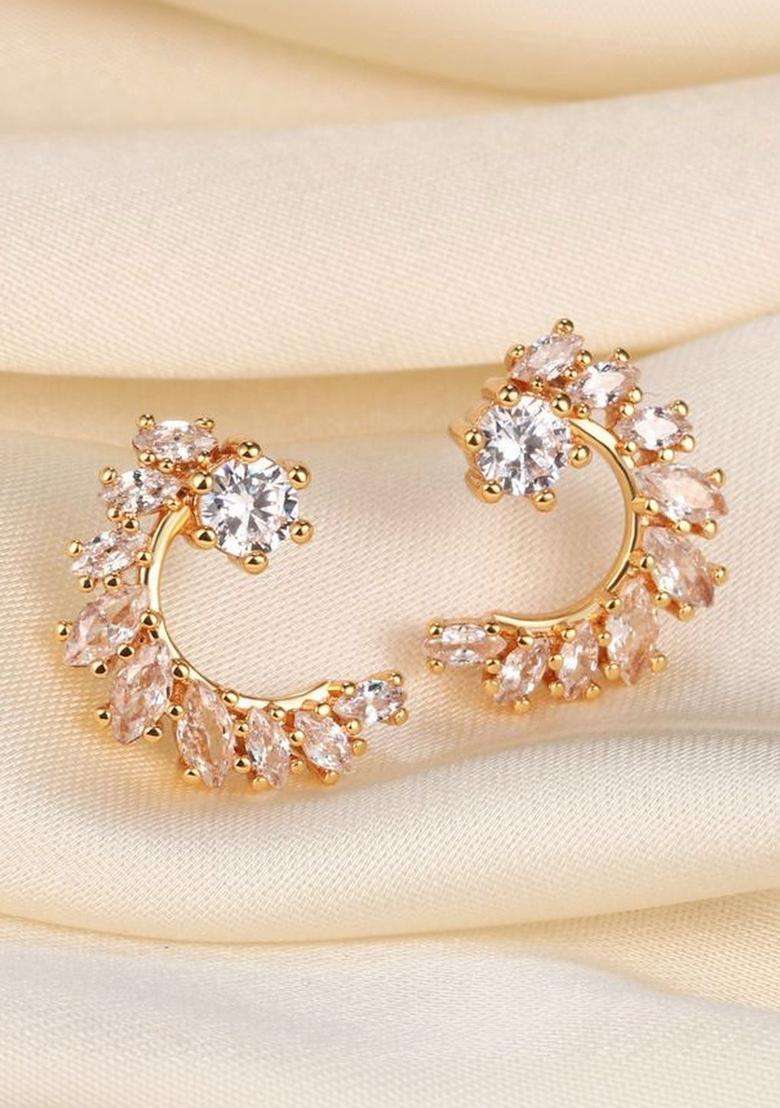 Gold-Plated Contemporary Half Hoop Earrings with American Diamond for Women | Stylish Party & Everyday Wear | Gift for Her - Indya