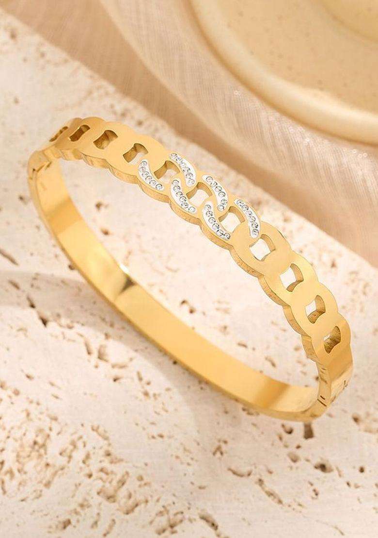 Stainless Steel Gold-Plated Bangle-Stye Anti Tarnish Bracelet for Women | Stylish Party & Everyday Wear | Gift for Her - Indya
