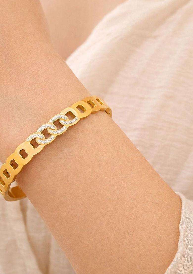 Stainless Steel Gold-Plated Bangle-Stye Anti Tarnish Bracelet for Women | Stylish Party & Everyday Wear | Gift for Her - Indya