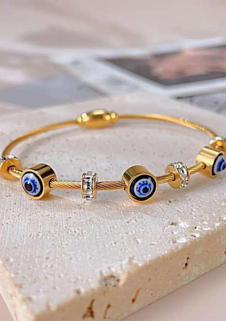 Gold-Plated Stainless Steel American Diamond Studded Bangle-Style Bracelet for Women | Stylish Party & Everyday Wear | Gift for Her - Indya