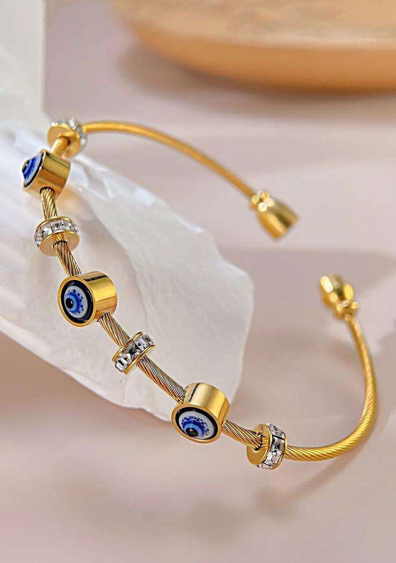 Gold-Plated Stainless Steel American Diamond Studded Bangle-Style Bracelet for Women | Stylish Party & Everyday Wear | Gift for Her - Indya