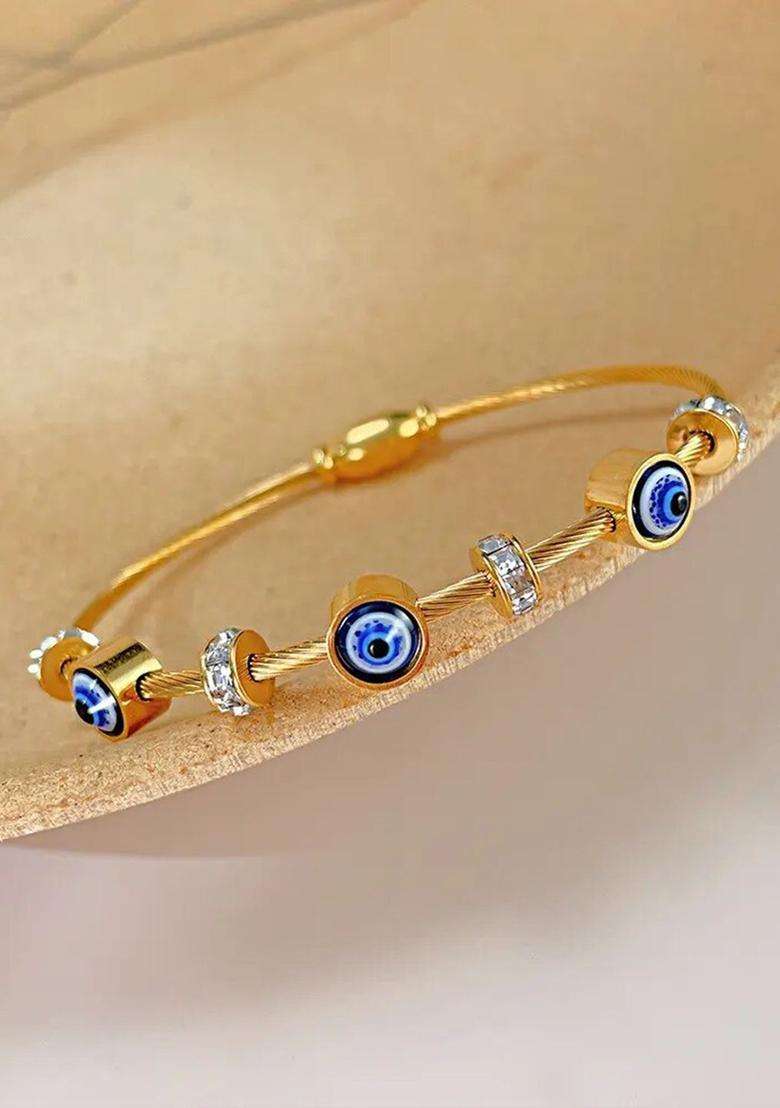 Gold-Plated Stainless Steel American Diamond Studded Bangle-Style Bracelet for Women | Stylish Party & Everyday Wear | Gift for Her - Indya