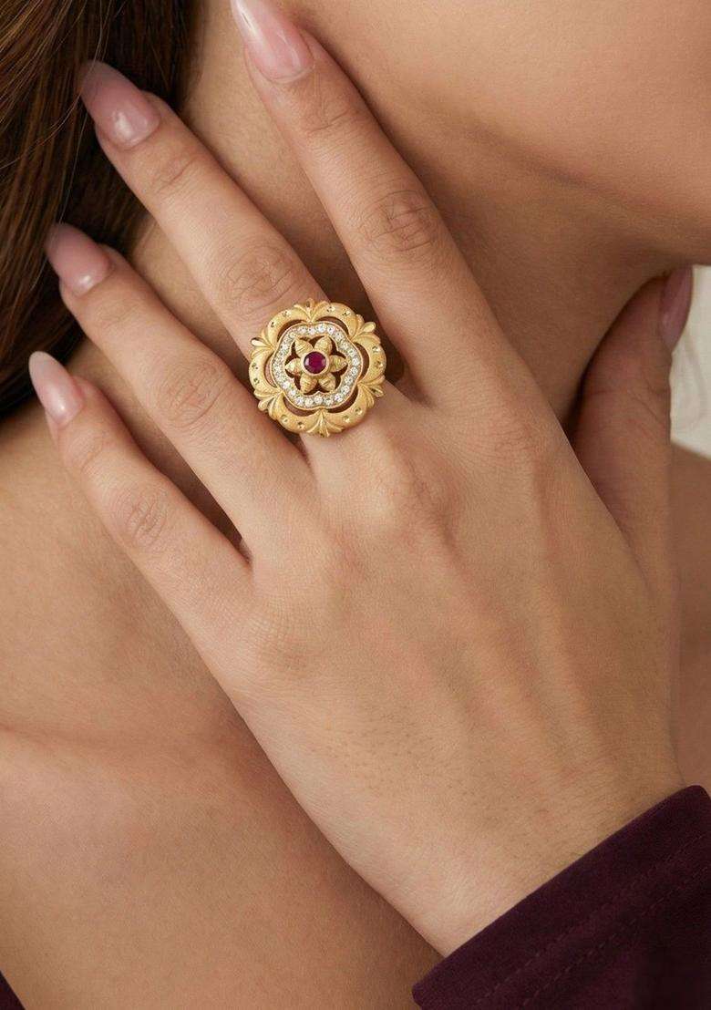 Gold-Plated Stones-Studded Finger Ring for Women | Traditional Temple Jewellery for Wedding & Festive Wear | Gift for Her - Indya