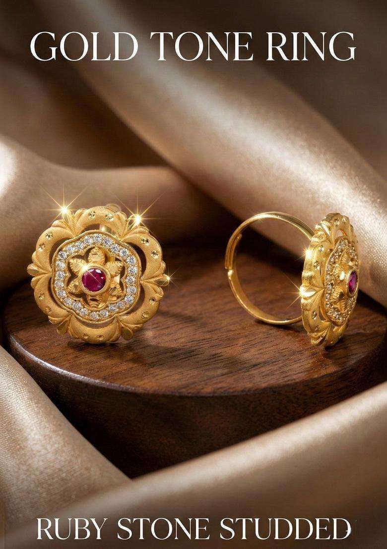 Gold-Plated Stones-Studded Finger Ring for Women | Traditional Temple Jewellery for Wedding & Festive Wear | Gift for Her - Indya