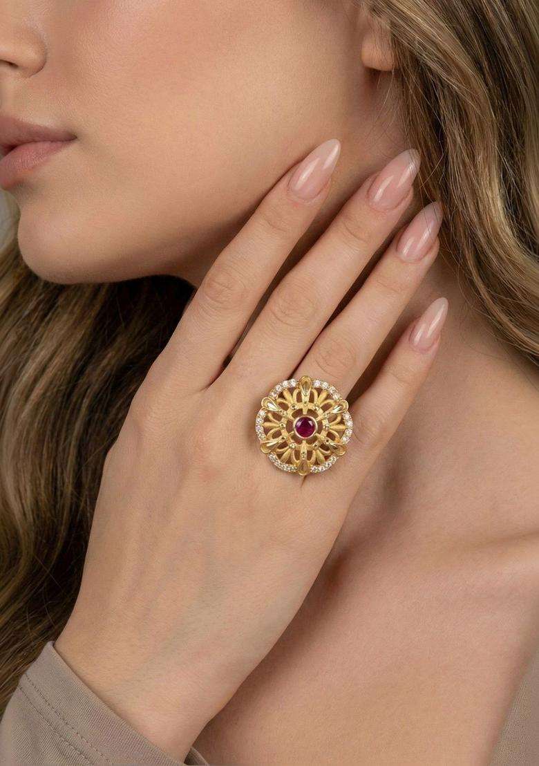 Gold-Plated Stones-Studded Finger Ring for Women | Traditional Temple Jewellery for Wedding & Festive Wear | Gift for Her - Indya