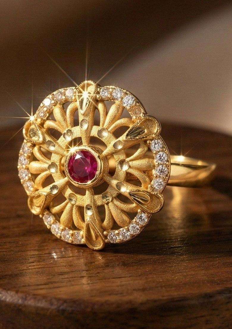 Gold-Plated Stones-Studded Finger Ring for Women | Traditional Temple Jewellery for Wedding & Festive Wear | Gift for Her - Indya