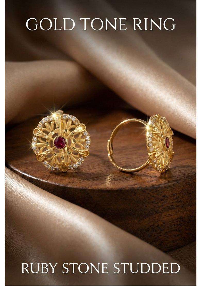 Gold-Plated Stones-Studded Finger Ring for Women | Traditional Temple Jewellery for Wedding & Festive Wear | Gift for Her - Indya