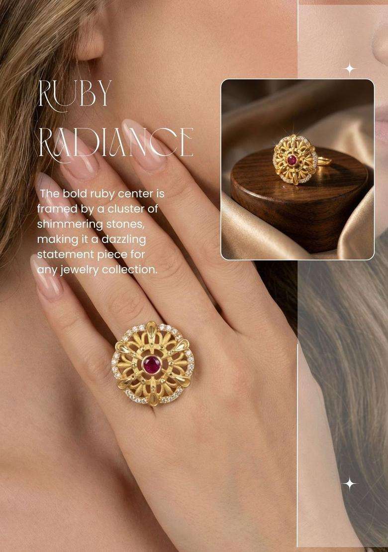 Gold-Plated Stones-Studded Finger Ring for Women | Traditional Temple Jewellery for Wedding & Festive Wear | Gift for Her - Indya